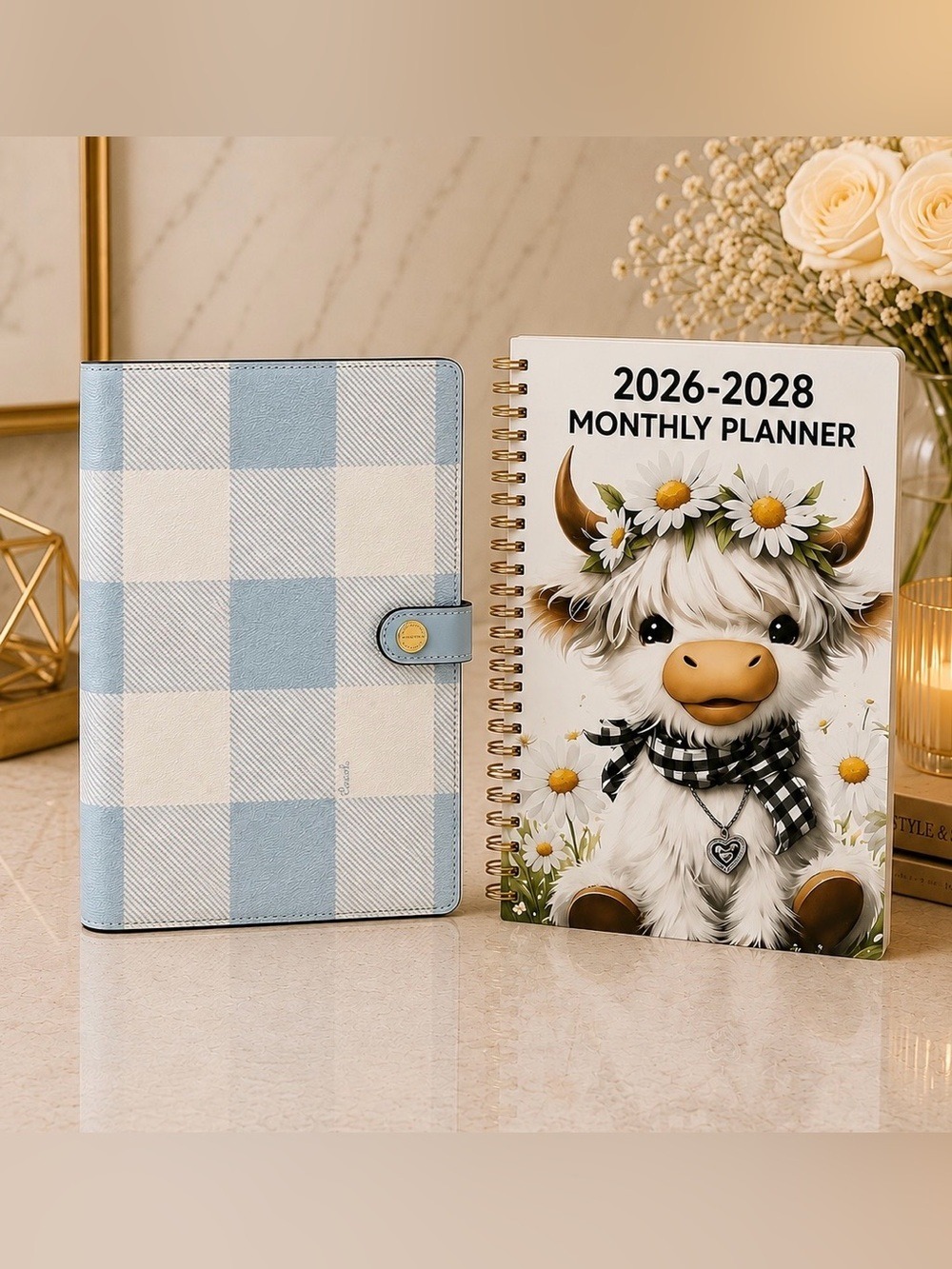 NEW Coach Gingham Print Notebook with cow-themed 2026–2028 Monthly Planner NWT